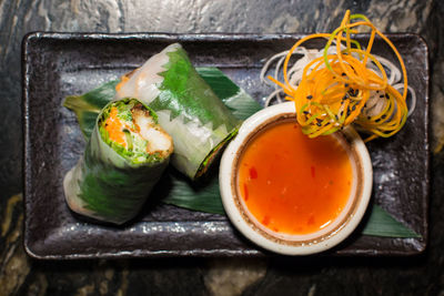 High angle view of food served in plate on table