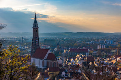 High angle view of townscape against sky during sunset