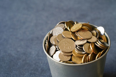 High angle view of coins