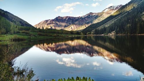 Scenic view of lake with mountains in background