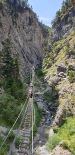 Railroad tracks amidst trees and mountains against sky