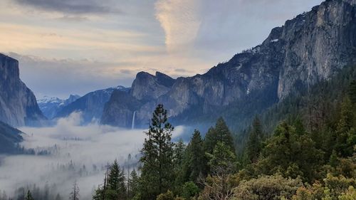 Panoramic view of mountains against sky during sunrise, sunrise at tunnel view yosemite