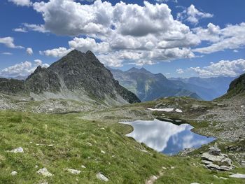 Scenic view of lake and mountains against sky