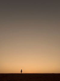 Silhouette person standing on sea shore against sky during sunset