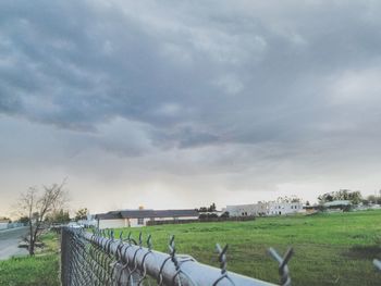 Trees on field against cloudy sky