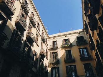 Low angle view of buildings against clear blue sky