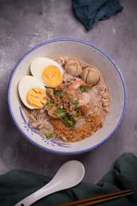 High angle view of breakfast served on table