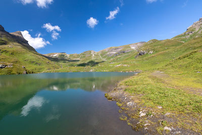 Scenic view of lake and mountains against sky