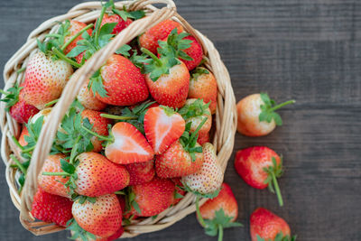 High angle view of strawberries in basket