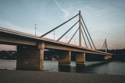 Bridge over calm river against sky in city