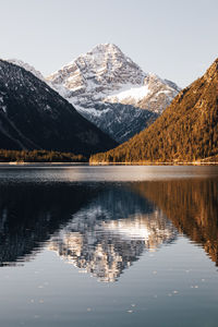 Scenic view of lake and mountains against sky