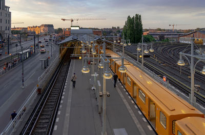 High angle view of railroad tracks in city