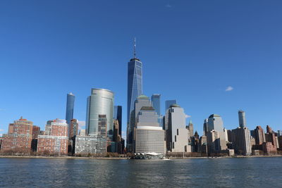 Sea by cityscape against clear blue sky