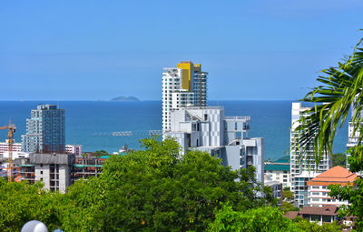 Trees and buildings against blue sky