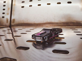 High angle view of toy car on table