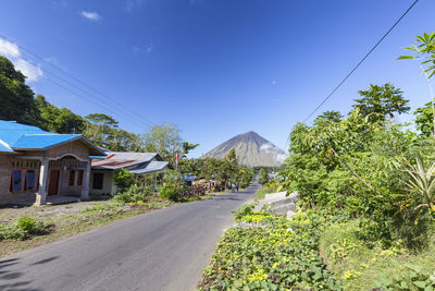 Road amidst trees and houses against blue sky