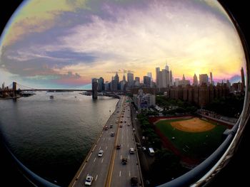 View of cityscape with river in background