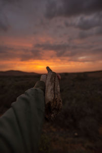 Person holding rock against sky during sunset