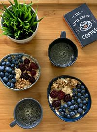 High angle view of breakfast served on table