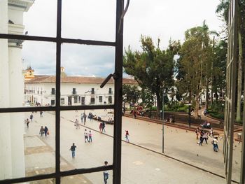 High angle view of people on street