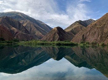 Scenic view of lake and mountains against sky