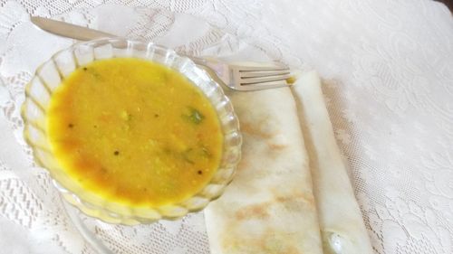 High angle view of bread in plate on table
