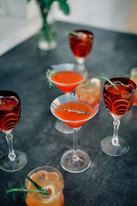 Close-up of wineglasses on table