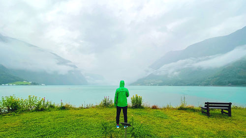 Rear view of man standing on beach against sky