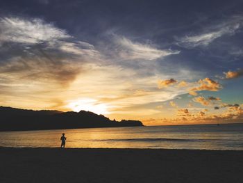 Silhouette person on beach against sky during sunset