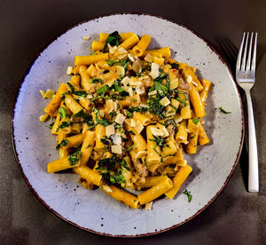 High angle view of food in plate on table