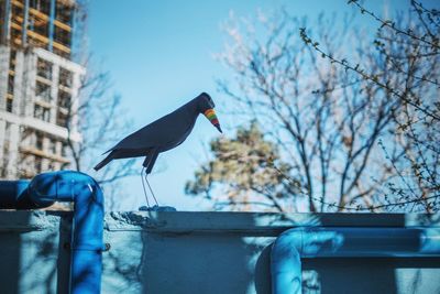 Sculpture of bird on retaining wall