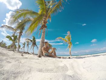 Palm trees on beach against sky