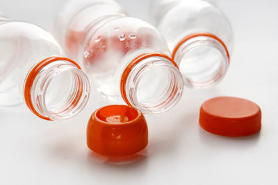 High angle view of bottles on table