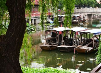 Boats moored on canal by trees