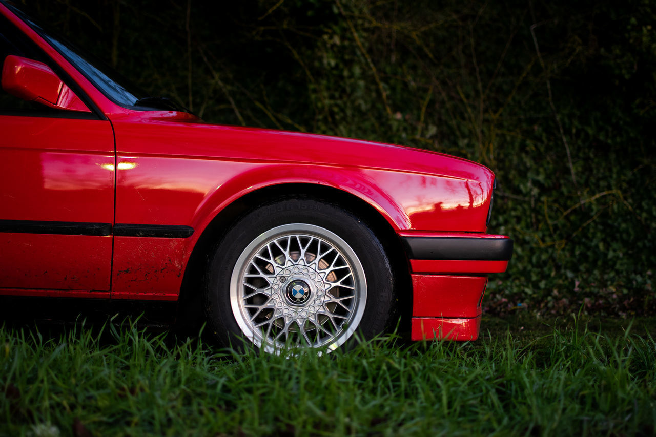 RED VINTAGE CAR ON FIELD