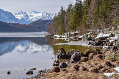 Scenic view of lake and mountains during winter