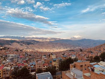 High angle shot of townscape against sky