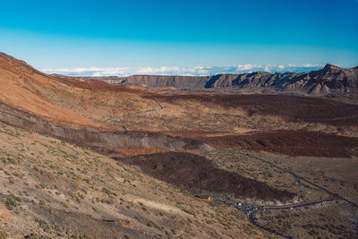 Scenic view of arid landscape against blue sky