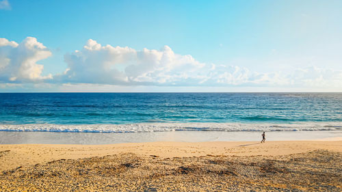 Runner run along the coast of ocean at sunrise