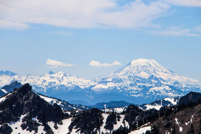 Scenic view of snowcapped mountains against sky