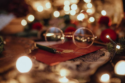 Close-up of christmas decorations on table