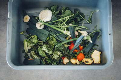 High angle view of vegetables in crate