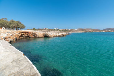 Scenic view of sea against clear blue sky