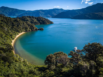 High angle view of bay against sky