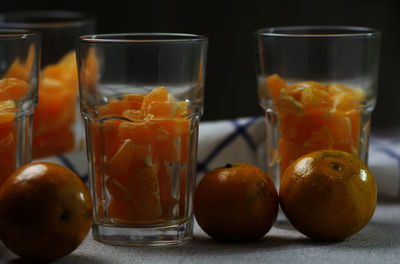 Close-up of fruits in glass on table