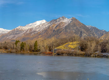 Scenic view of lake and mountains against sky