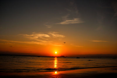 Golden brazilian sunset at the beach with orange sky airplane and sunlight with calm waves 