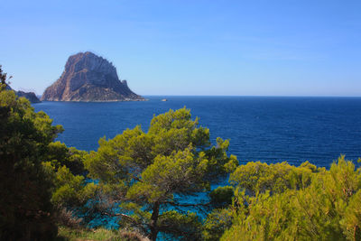 Scenic view of sea against clear blue sky