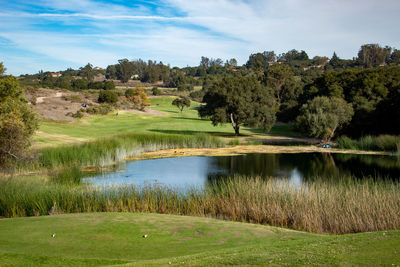 Scenic view of pond against sky