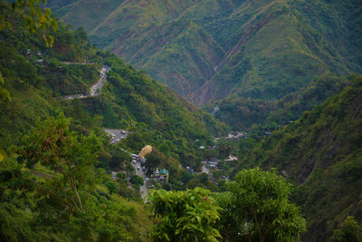 High angle view of trees on landscape against sky